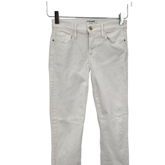 FRAME Le Skinny de Jeanne 24 Flounce Ankle Jeans Raw Edge Hem White Bell Bottom - Picture 2 of 11